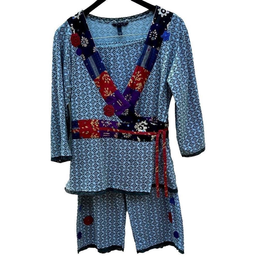 Soma Women's Blue Printed 3/4 Sleeve Kimono Top and Pant Set Size 0